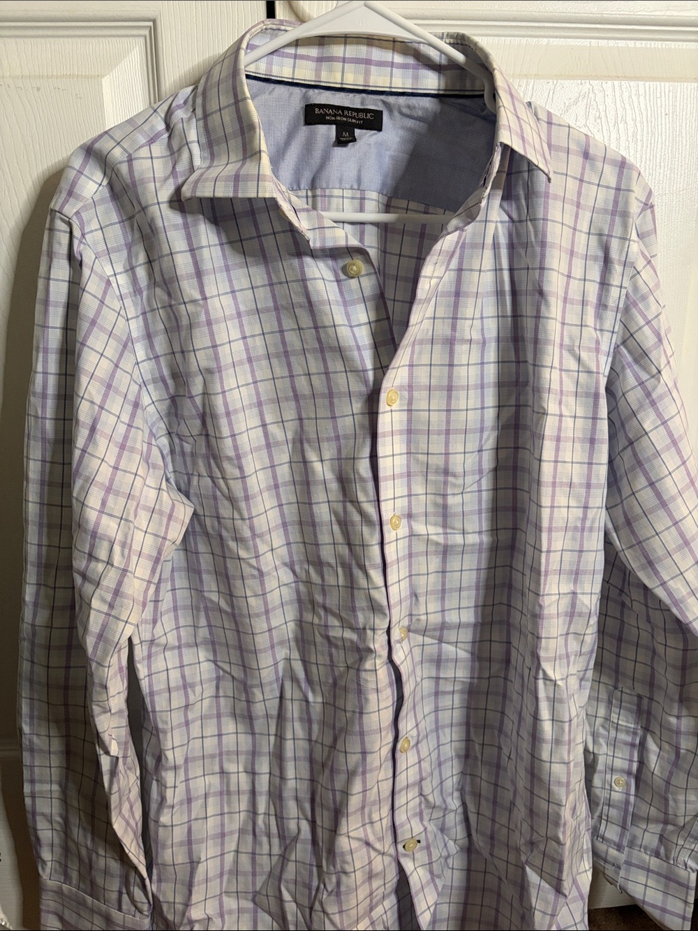 Banana Republic Men's White and Lavender Plaid Dress Shirt